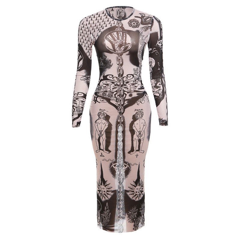 Mesh Gemini Print Bodycon Dress