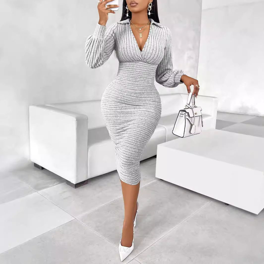 Ribbed Silver Puff Sleeve Dress