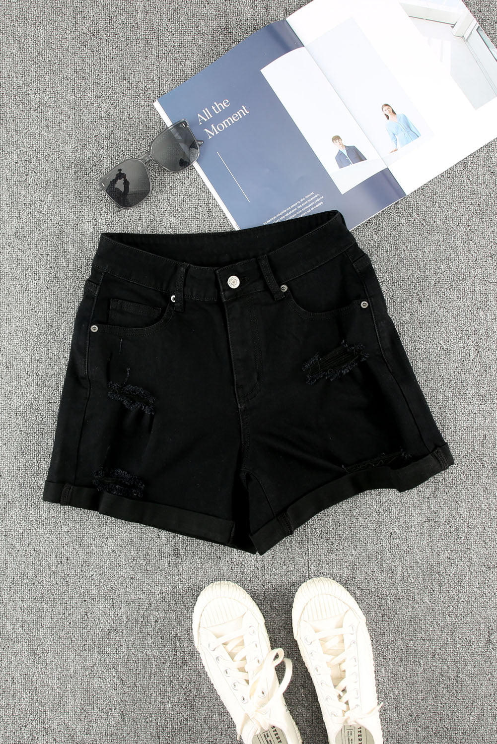 Black Distressed Cuffed Denim Shorts