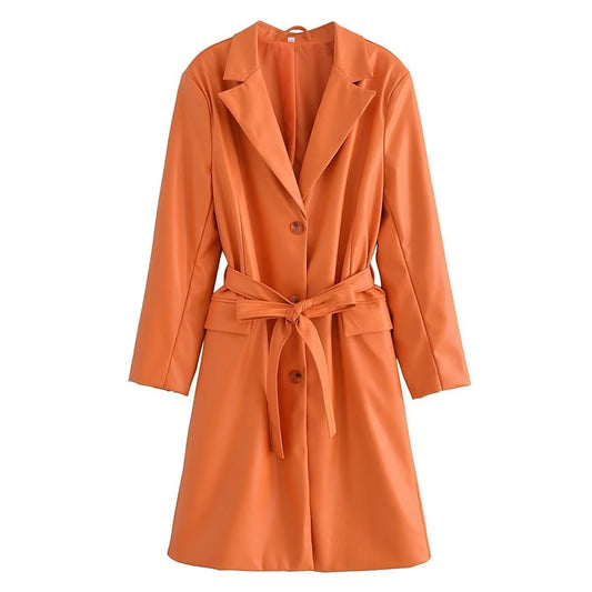 Orange Faux Leather Belted Trench Jacket