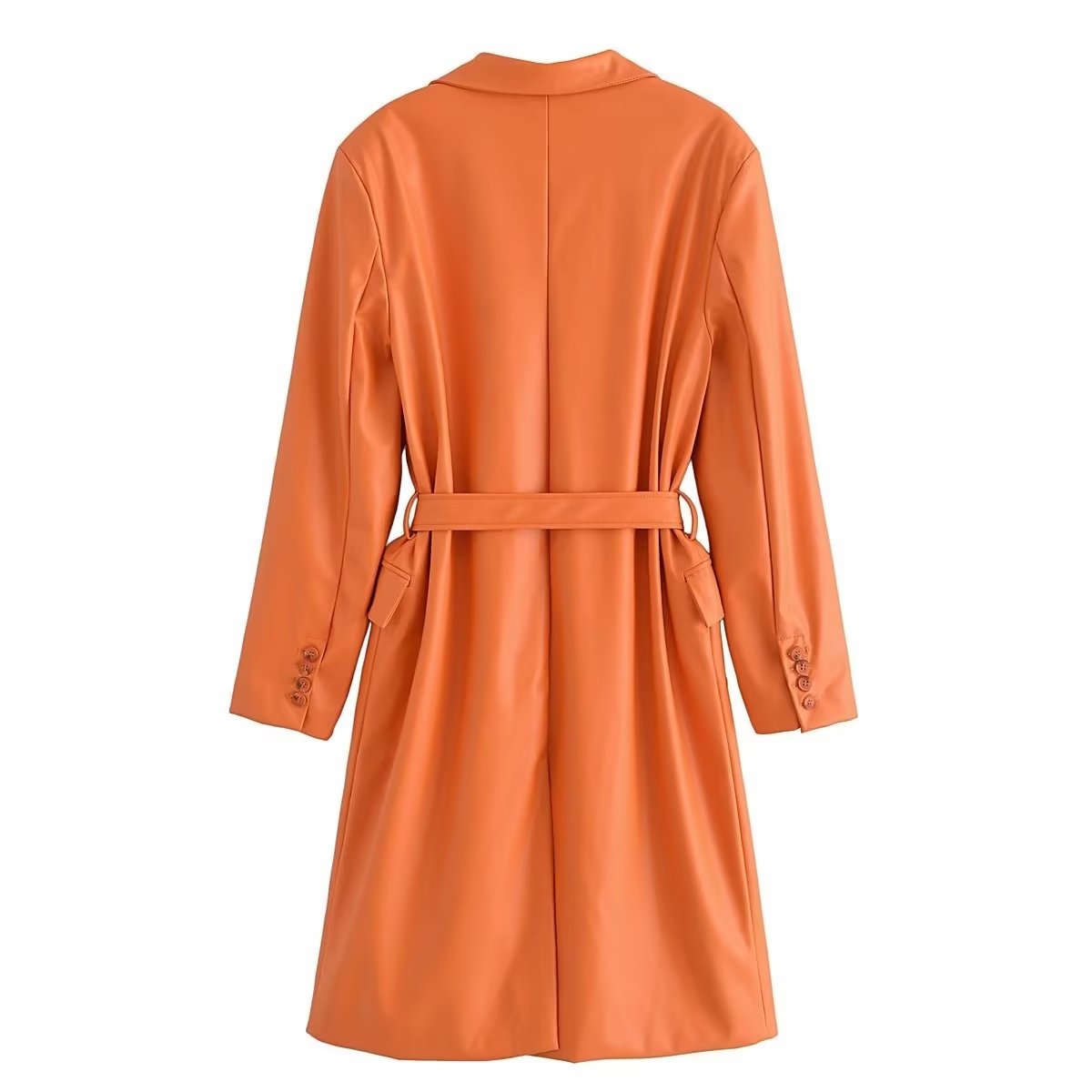 Orange Faux Leather Belted Trench Jacket