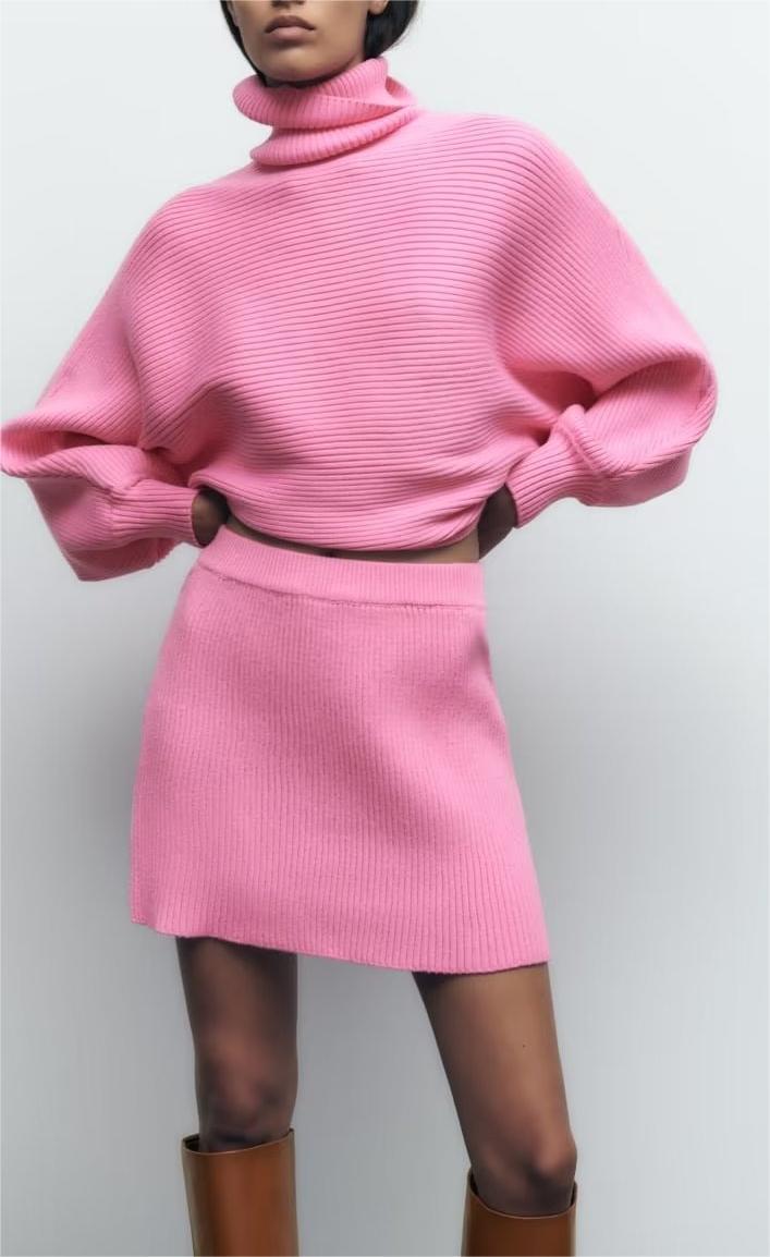 Pink Turtleneck Crop And Skirt Set