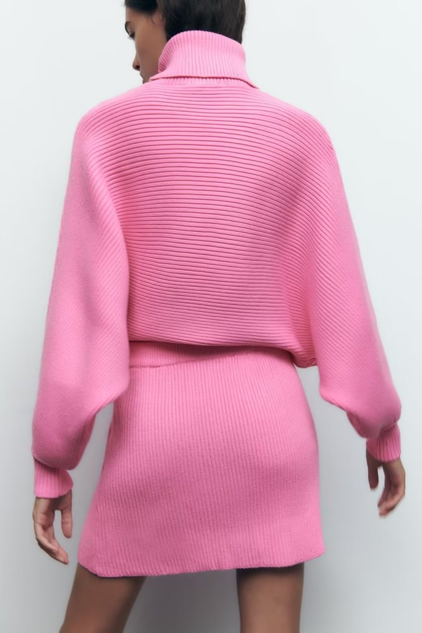 Pink Turtleneck Crop And Skirt Set