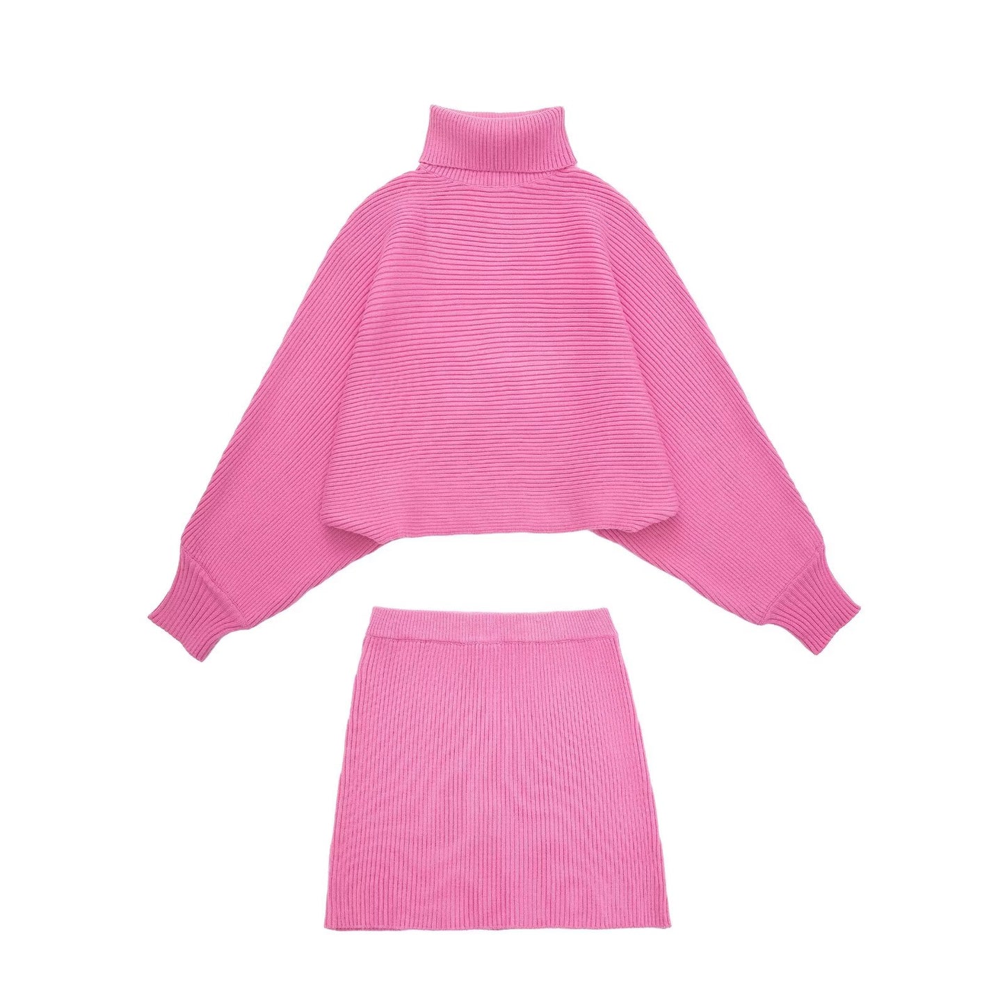 Pink Turtleneck Crop And Skirt Set