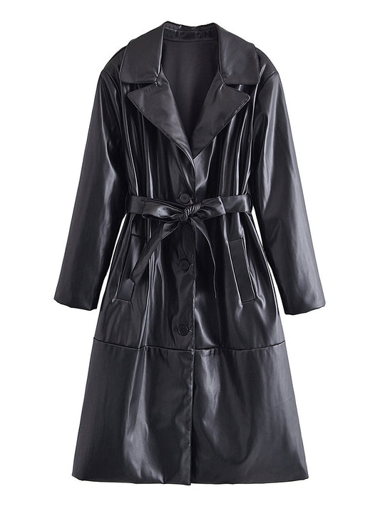 Black Long Faux Leather Trench Coat