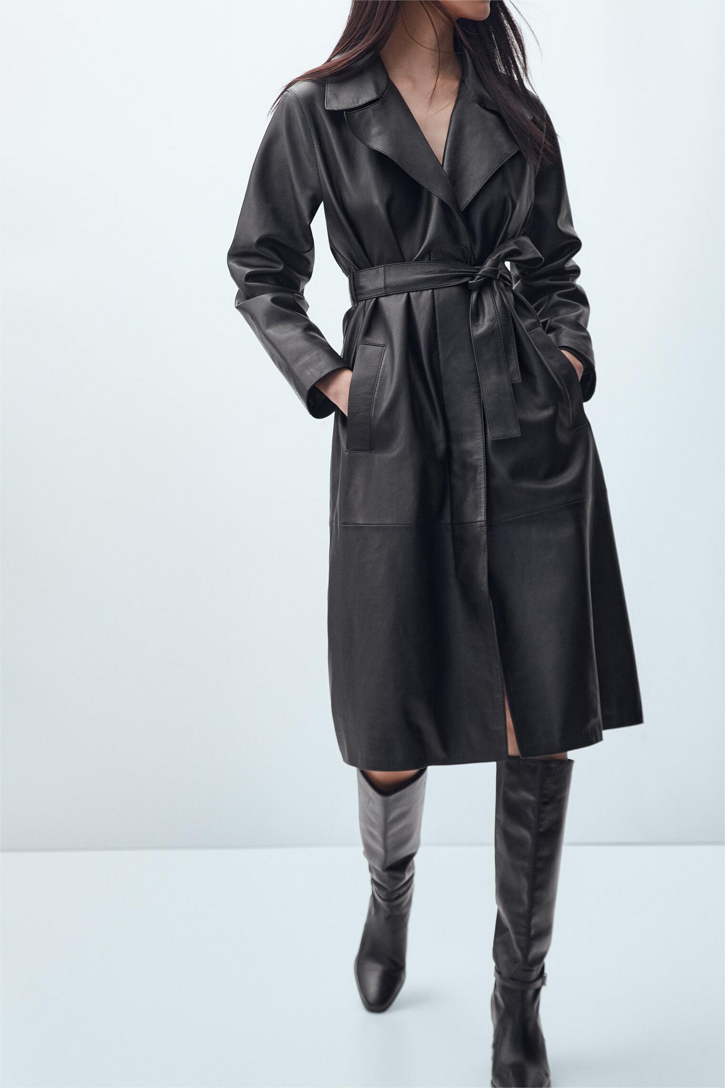 Black Long Faux Leather Trench Coat