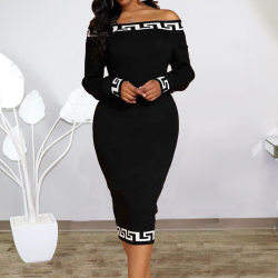 Black & White Off Shoulder Geo Print Dress