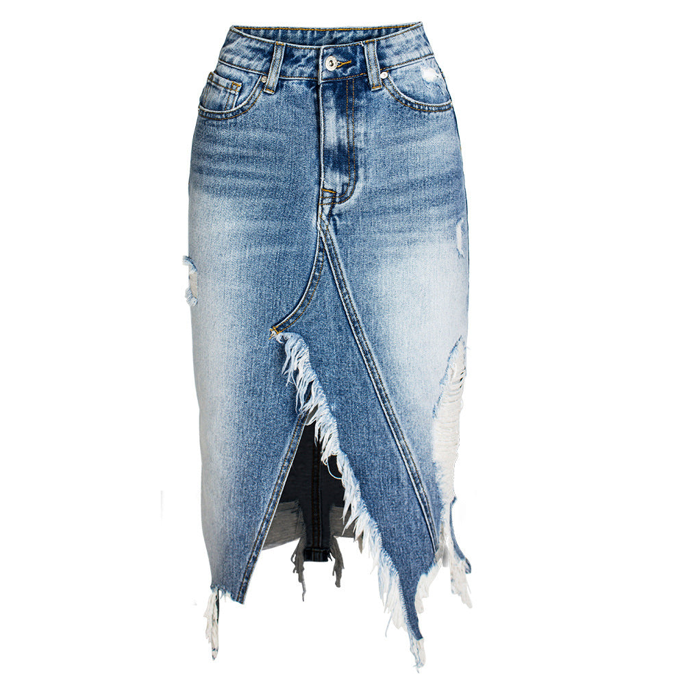 IBADDIE Asymmetrical Distressed Denim Skirt