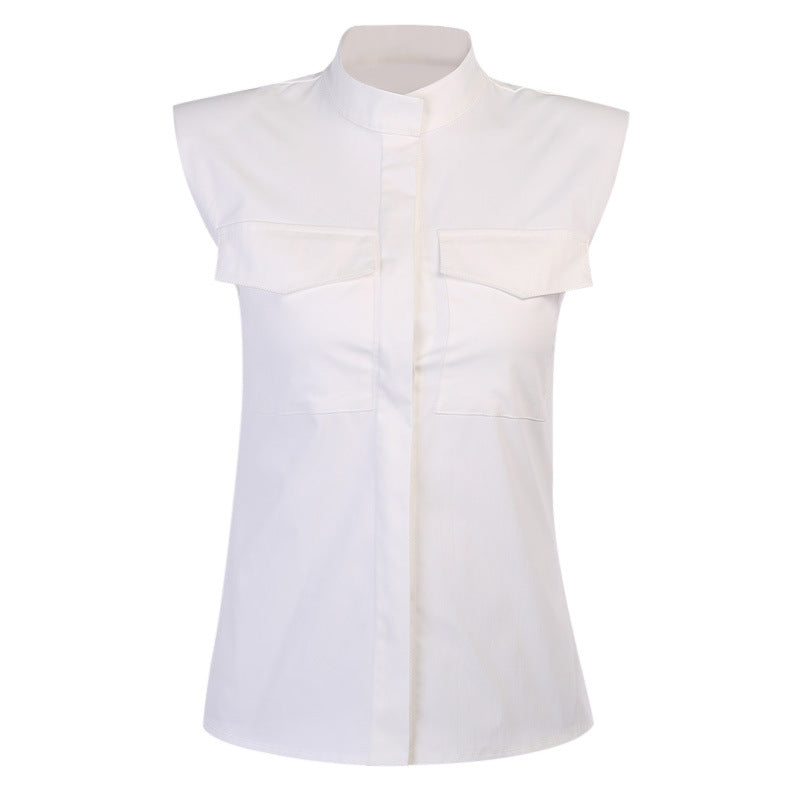 Sleeveless Power Shoulder Button Up Top