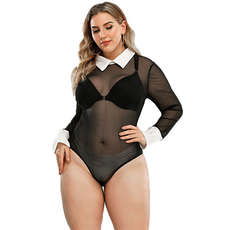 Plus Collard Mesh Bodysuit