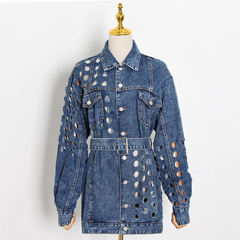 Hollow Out Mid-Length Denim Jacket