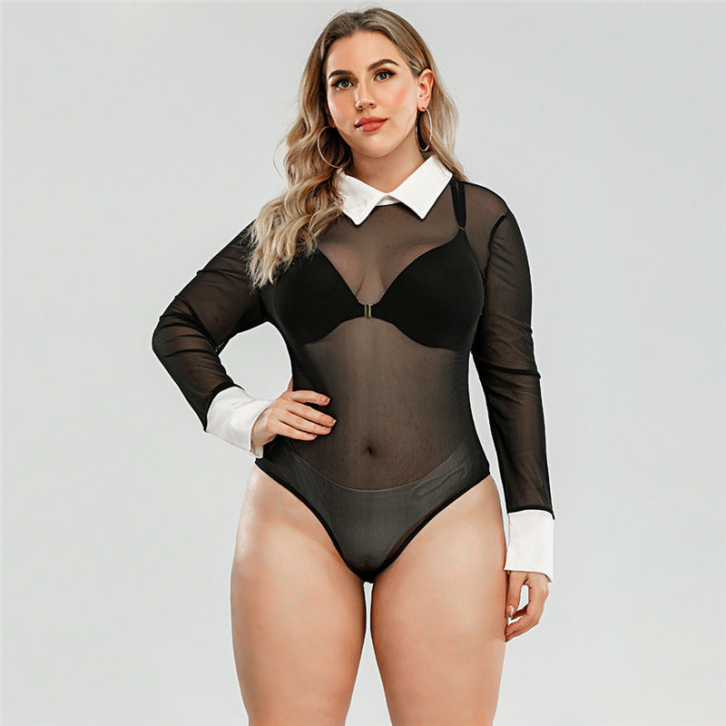 Plus Collard Mesh Bodysuit