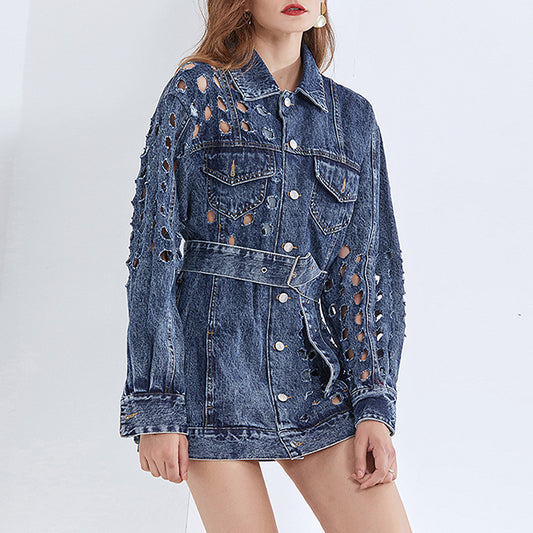 Hollow Out Mid-Length Denim Jacket