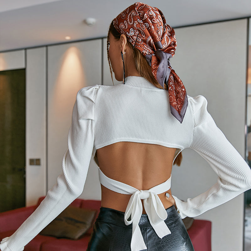 Ribbed Backless Puff Sleeve Crop Top