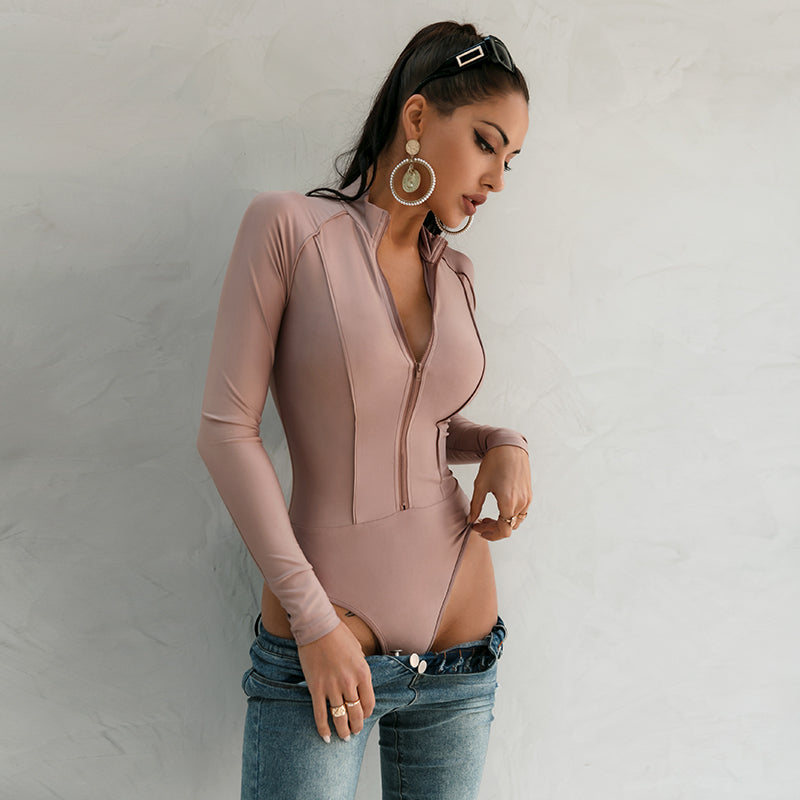 Long Sleeve Front Zip High Collar Bodysuit