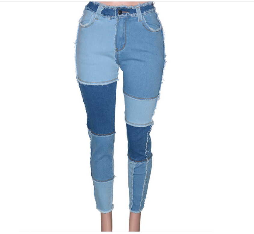 Patchwork High Waist Fringe Jeans