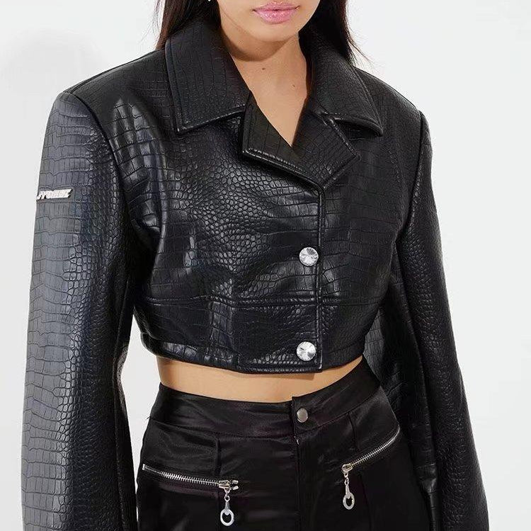 Crop Faux Leather Croc Print Jacket