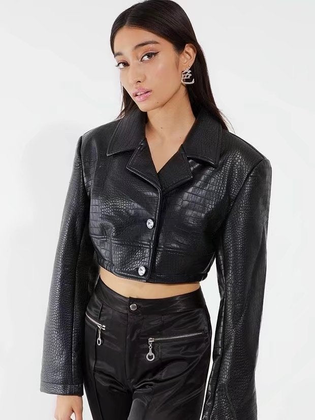 Crop Faux Leather Croc Print Jacket