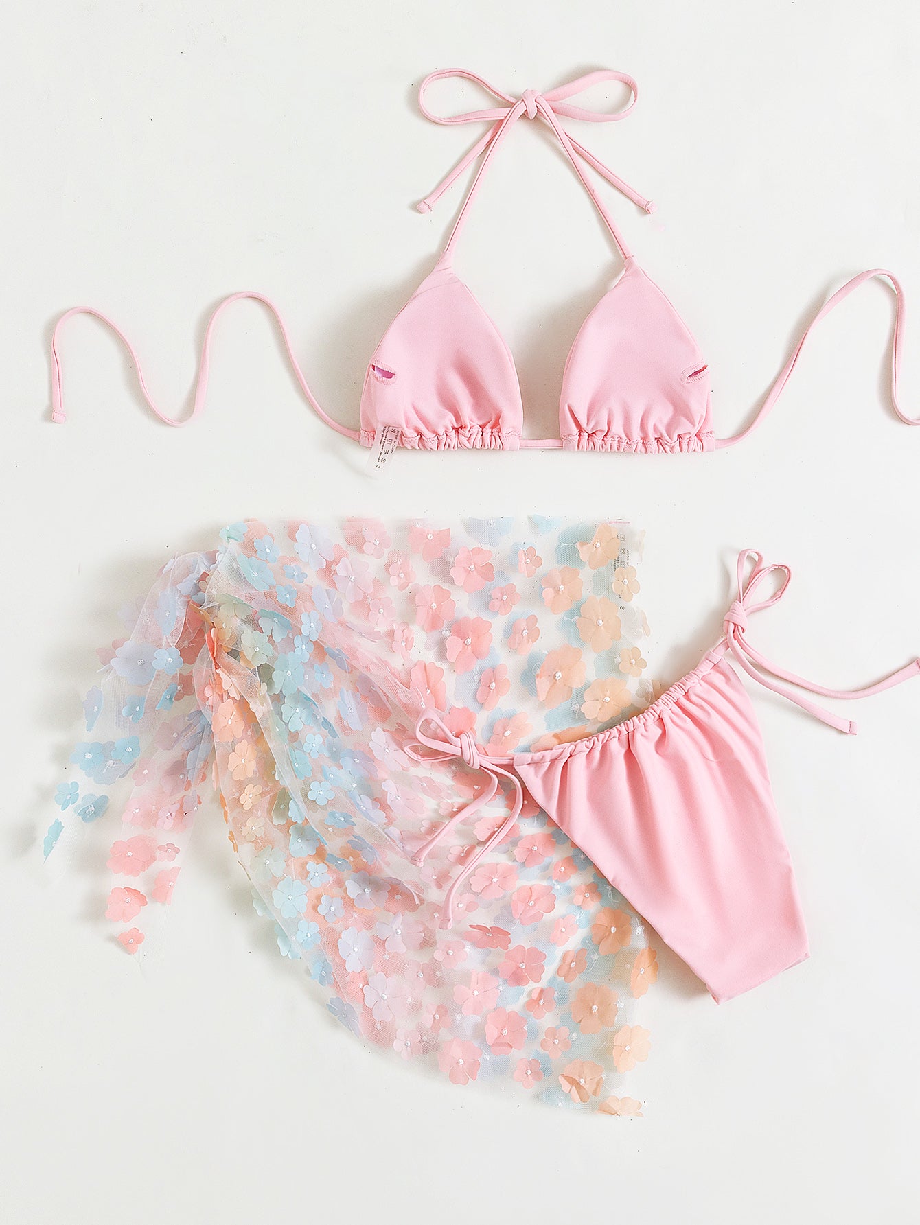 Pink Bikini Set With 3D Floral Sarong