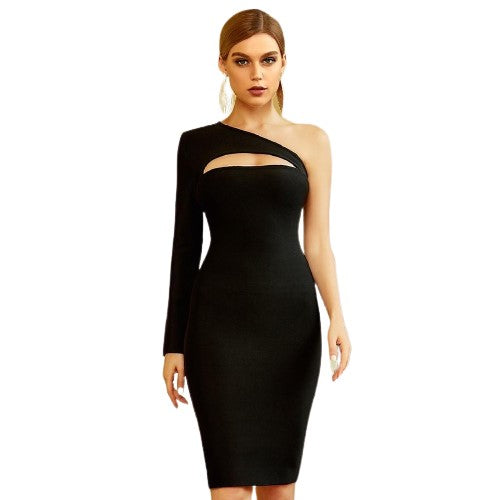 Black One Shoulder Peek A Boo Dress