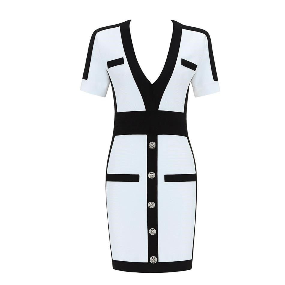 Black & White V-Neck Bandage Dress