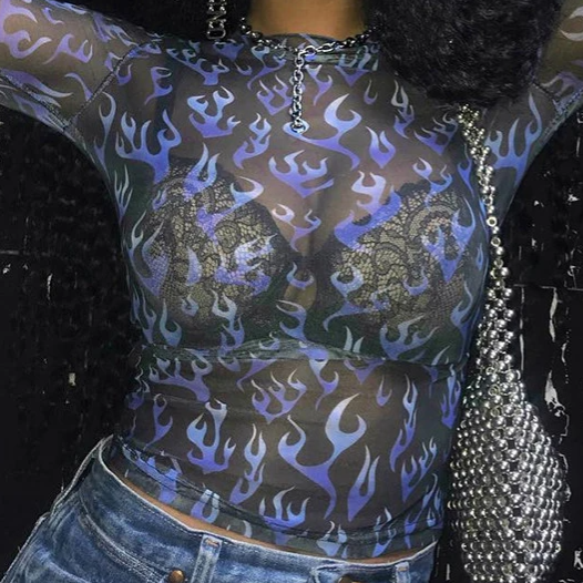 Blue Flames Long Sleeve Mesh Top