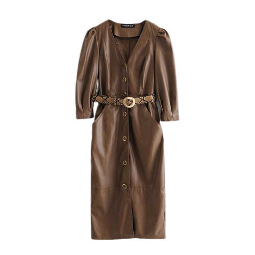 Brown PU Leather Button Up Dress