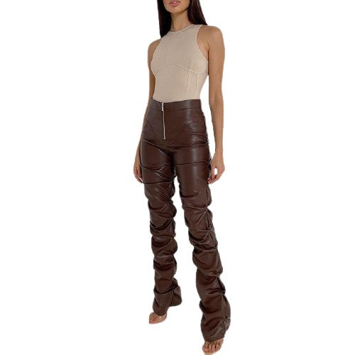 PU Leather High Waist Stacked Pants