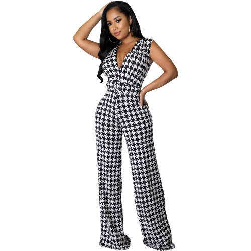 Checkered V-neck Jumpsuit