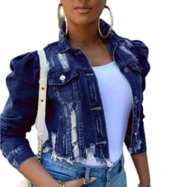 Puff Sleeve Distressed Denim Jacket