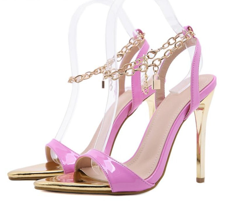 Gold Lock and Key Strap Heels Pink