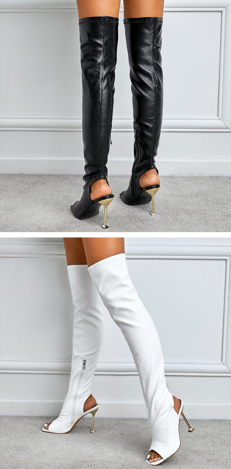 Leather Thigh High Peep Toe Boots