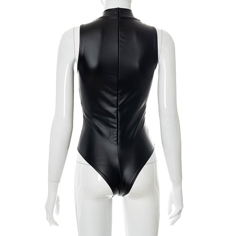 Black PU Leather Bodysuit With Rope Detail