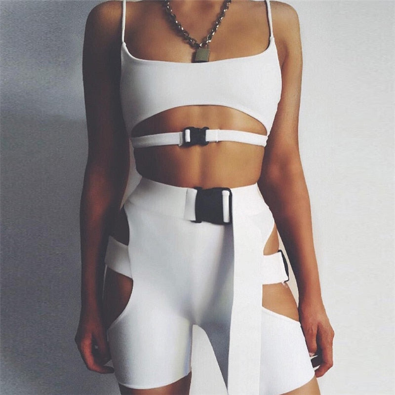 Crop Top Buckle Styled Biker Short  Set