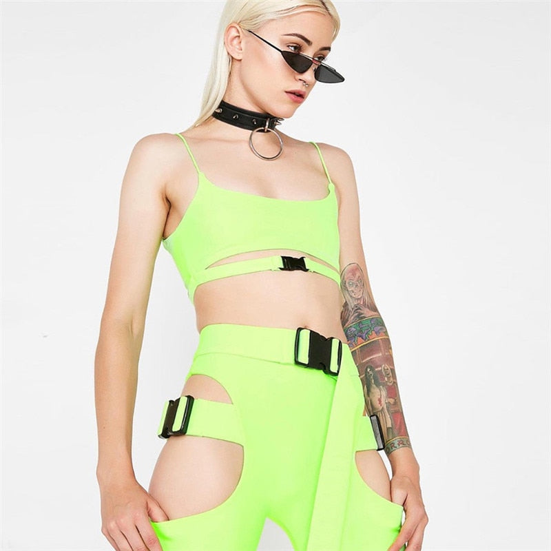 Crop Top Buckle Styled Biker Short  Set