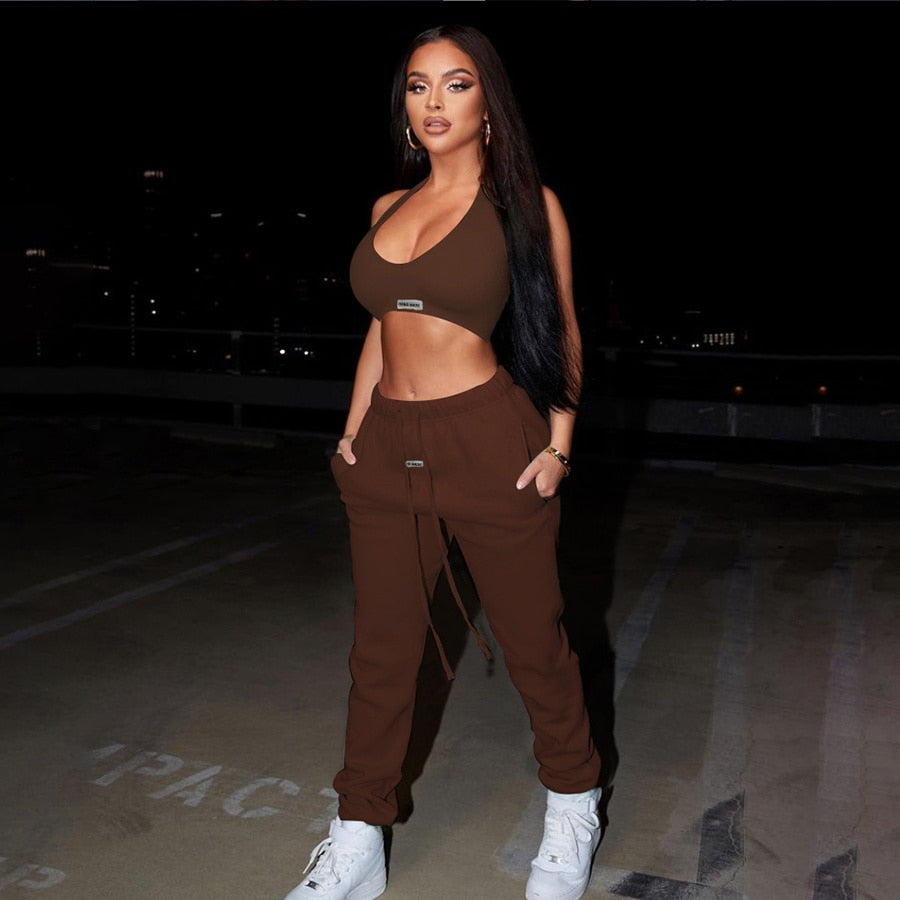 Brown IBADDIE Halter And Jogger Matching Set