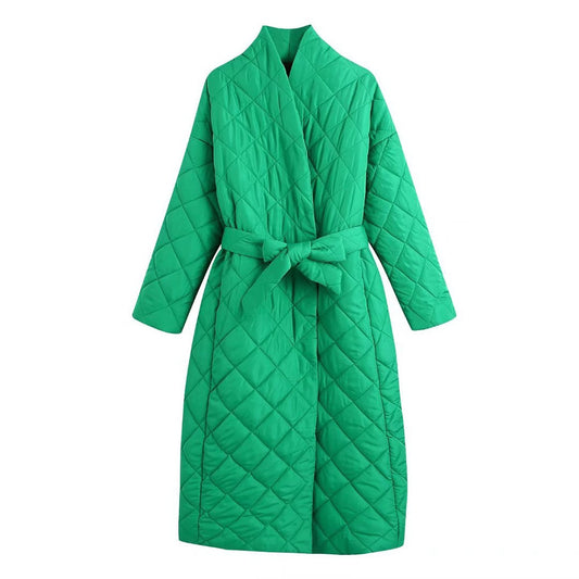 IBADDIE Long Belted Quilt Trench Coat Green