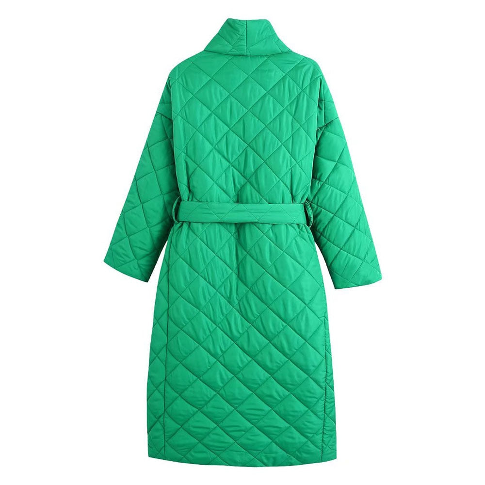 IBADDIE Long Belted Quilt Trench Coat Green