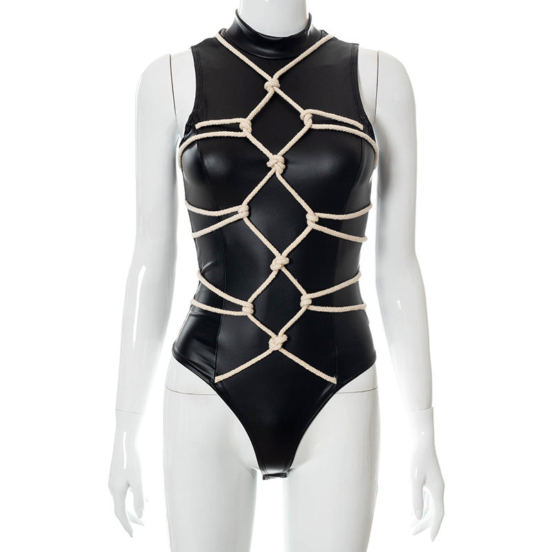 Black PU Leather Bodysuit With Rope Detail