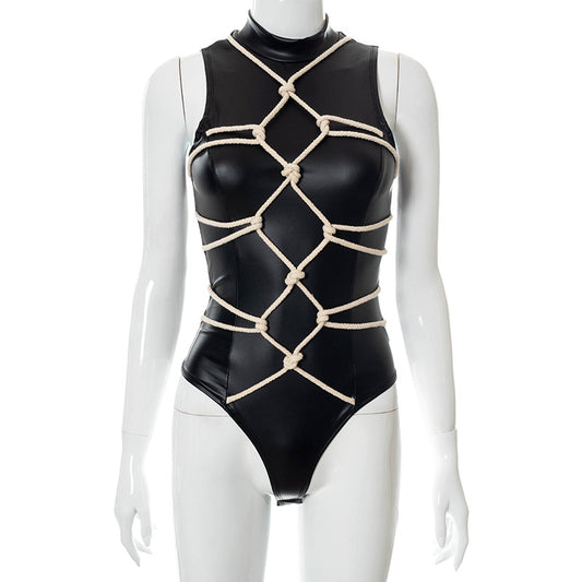 Black PU Leather Bodysuit With Rope Detail