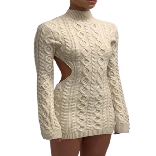 Backless Turtleneck Knitted MIni Dress Khaki