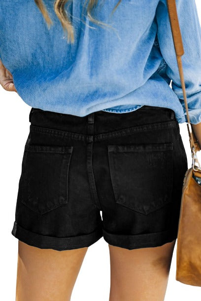 Black Distressed Cuffed Denim Shorts