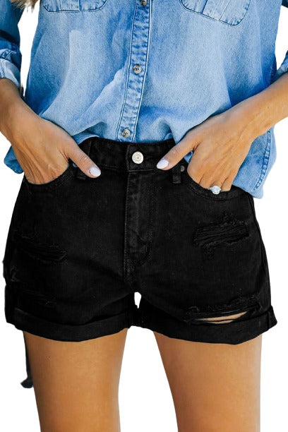 Black Distressed Cuffed Denim Shorts