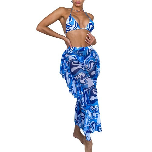 Blue Three Piece Bikini And Cover Up Pants