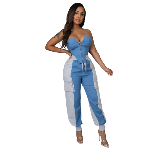 Denim Tube Top And Jogger Set