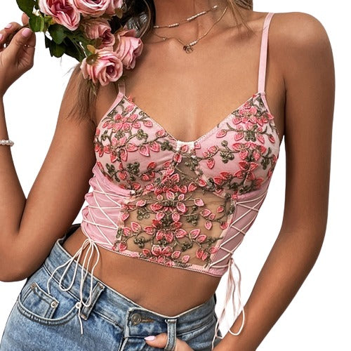 Embroidered Floral Lace-up Cami