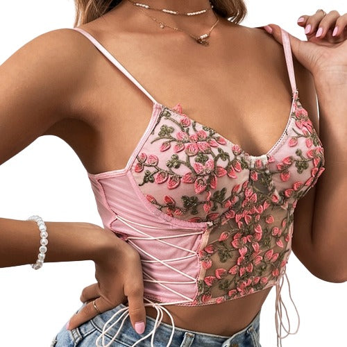 Embroidered Floral Lace-up Cami