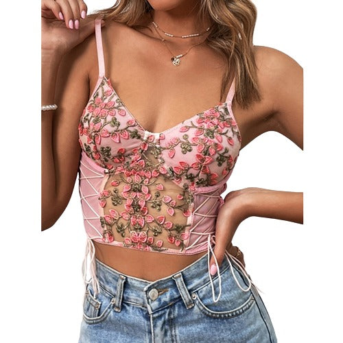 Embroidered Floral Lace-up Cami