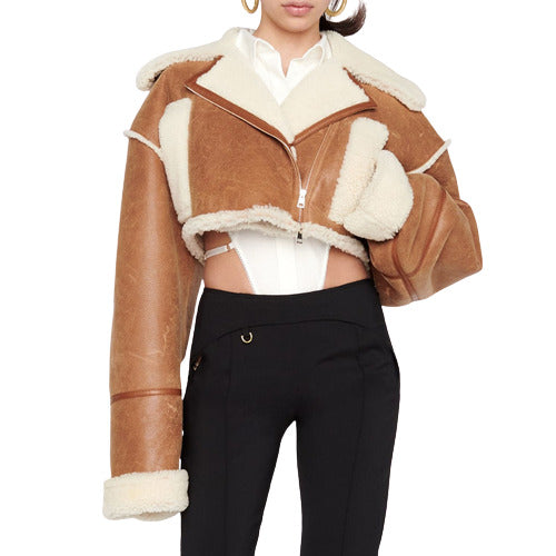 IBADDIE Faux Sheep Skin Crop Jacket Brown