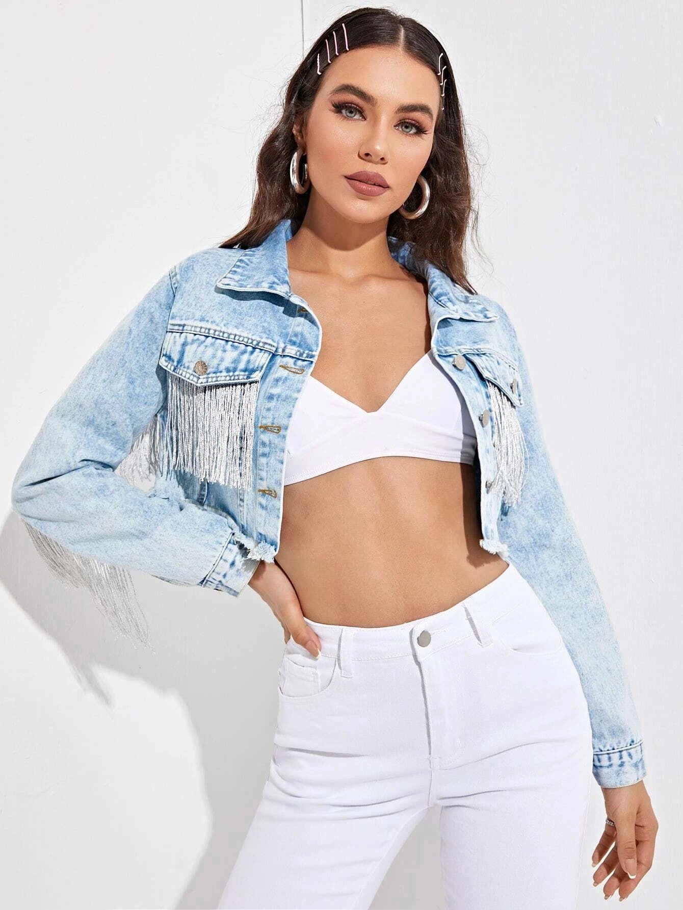 Fringe Denim Crop Jacket